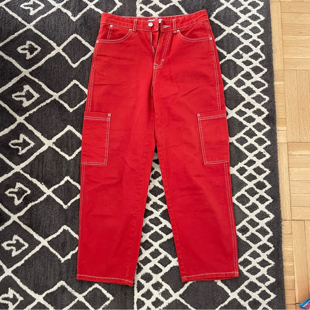 Pull&Bear Red Cargo Wide Leg Denim
